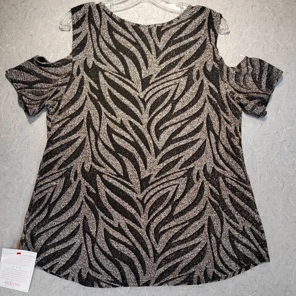 Eclipse NWT Women's Cut Out Sleeves Sparkly Black & Gold Blouse Size Large - Picture 10 of 12